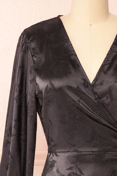 Venus Long Sleeve Satin Wrap Dress w/ Floral Motif | Boutique 1861